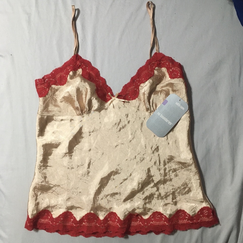No Boundaries satin cami, champagne with red lace